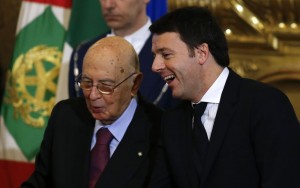 Newly appointed Italian Prime Minister Matteo Renzi talks with Italian President Giorgio Napolitano during the swearing in ceremony in Rome
